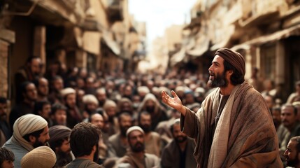 Obraz premium Historical scene of a bearded man in traditional robes addressing a large crowd in an ancient marketplace with blurred background