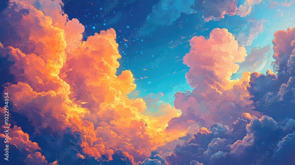 Poster artistic abstract landscape featuring whimsical puffy clouds in a vivid blue sky illuminated by brig