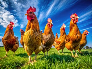 Fototapeta premium Stunning Jersey Black Giant Chickens Roaming Freely in a Lush Green Pasture Under Clear Blue Sky