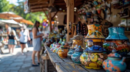 Colorful ceramic pots on display at a vibrant outdoor market, showcasing unique handmade crafts and local artistry.