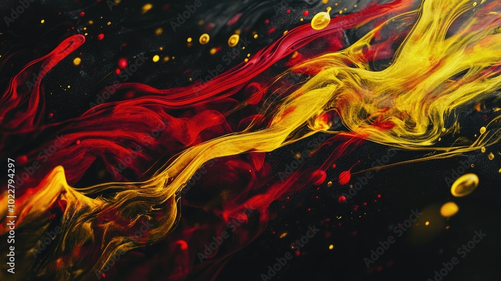 Poster close up shot of dark red and yellow fluid ink paint motion explosion artistic design energy swirl b