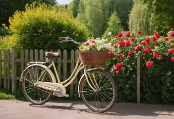 Fototapeta premium A vintage bicycle with a wicker basket parked next to a garden fence, surrounded by blooming flowers on a sunny day in the countryside. Ai generated image