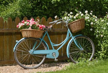 Fototapeta premium A vintage bicycle with a wicker basket parked next to a garden fence, surrounded by blooming flowers on a sunny day in the countryside. Ai generated image