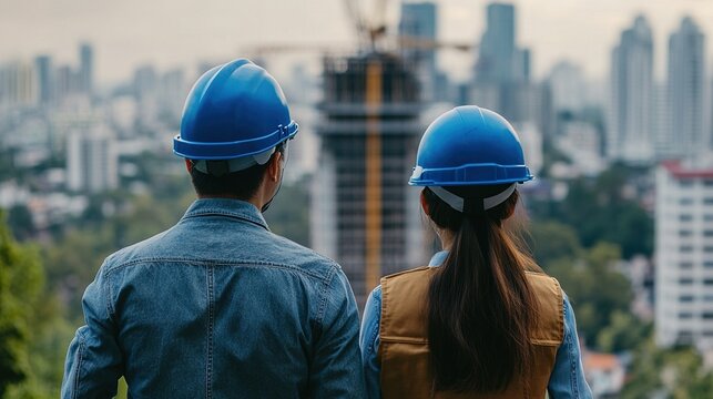 Asian man civil engineer and woman architect wearing blue safety helmet meeting at contruction site.
