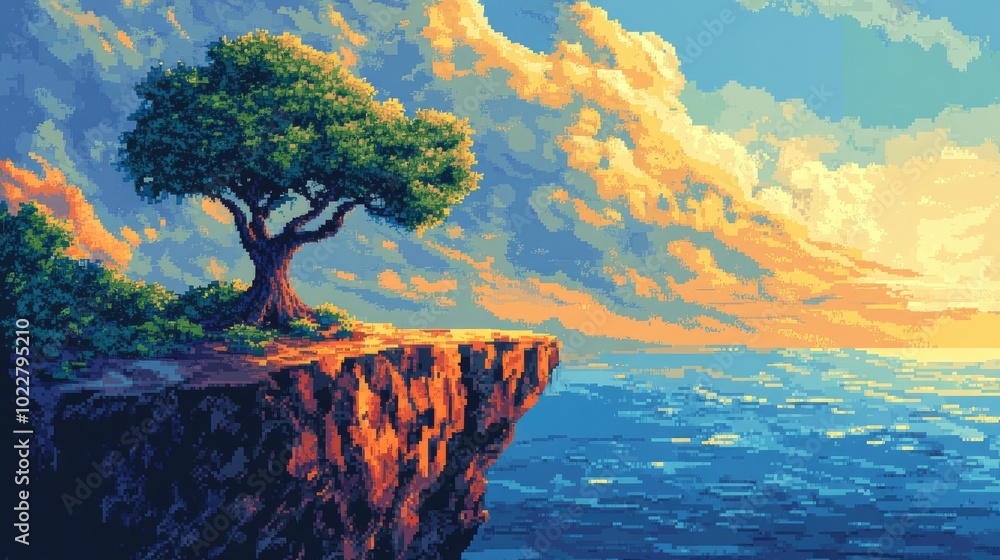 Poster A striking pixel art depiction of a tree on the edge of a cliff featuring detailed design and vivid colors that create a visually appealing artwork