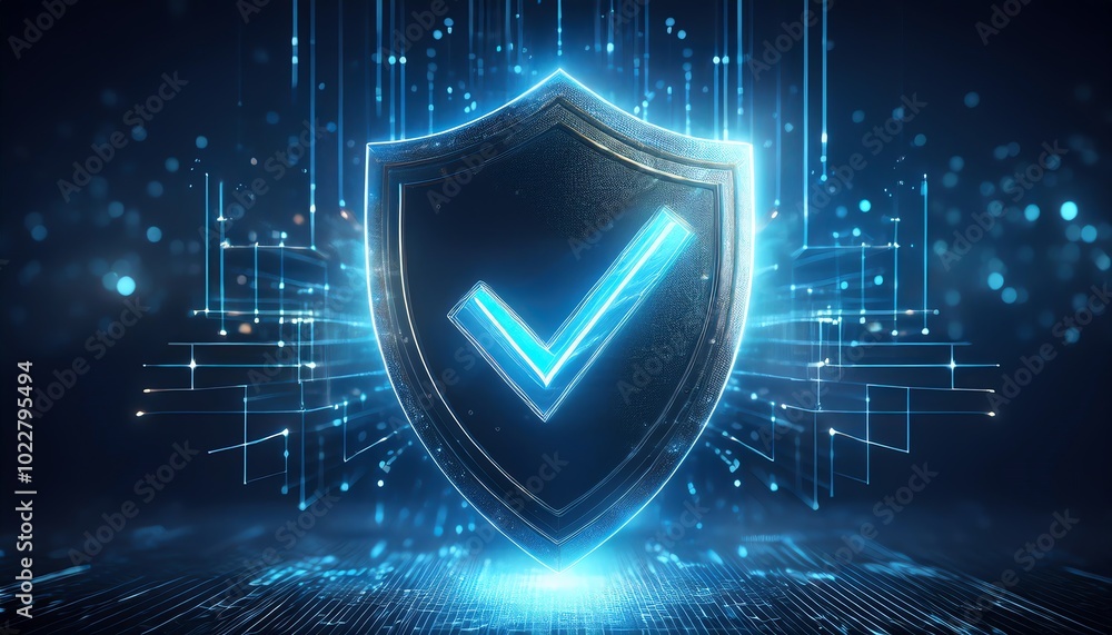 Poster a glowing digital shield with a checkmark, symbolizing security and trust in a futuristic, tech-insp