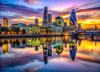 Naklejka premium Stunning London Skylines at Dusk with Iconic Architecture and Beautiful Reflections on the River Thames