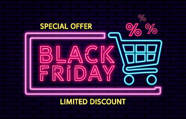 Black Friday neon modern banner design with shopping cart and discount percentages. Black Friday sale illustration in neon style. Black Friday background, discount, neon sign. Vector illustration