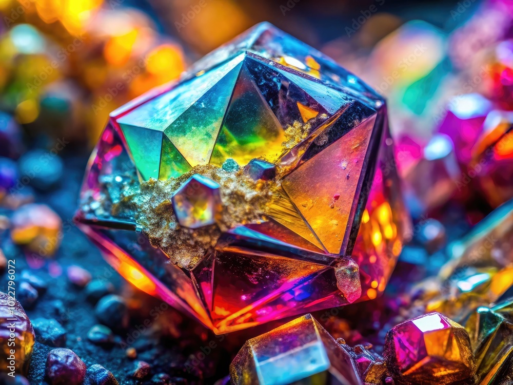 Poster stunning macro shot of a colorful crystal with intricate details and sparkling facets in light