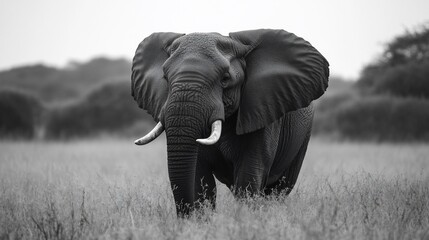 Naklejka premium A large elephant with tusks walks through tall grass towards the viewer, in a black and white photo.