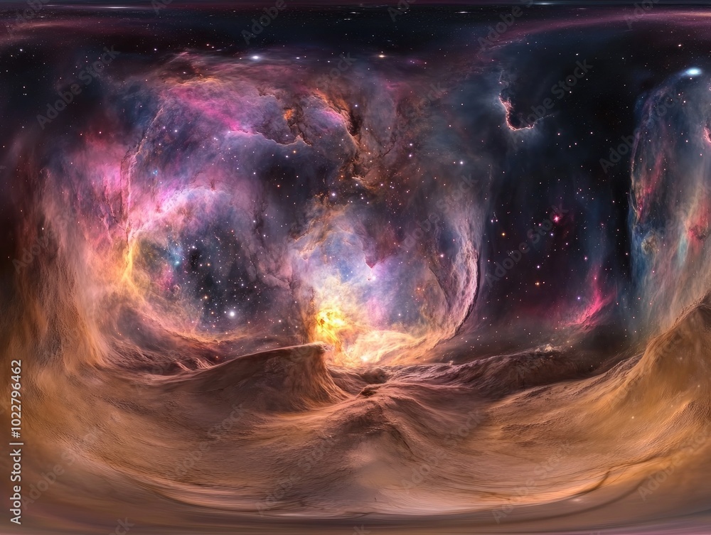 Poster 360 degree space nebula featuring a massive interstellar cloud with stars presented in equirectangular projection as an HDRI spherical panorama 3D illustration