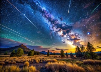 Stunning Meteor Shower Over Oregon's Night Sky with Stars and Natural Landscape in the Background
