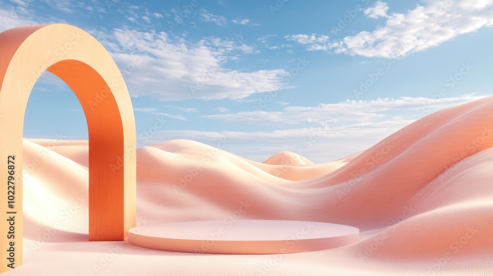 Aufkleber 3D render of an abstract surreal pastel landscape featuring arches and a podium for product display panoramic perspective vibrant dune scene with ample copy space blue sky with clouds minimalist d