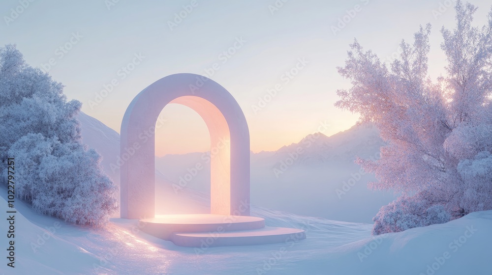 Aufkleber abstract winter landscape featuring geometric shapes including an arch and podium illuminated by nat