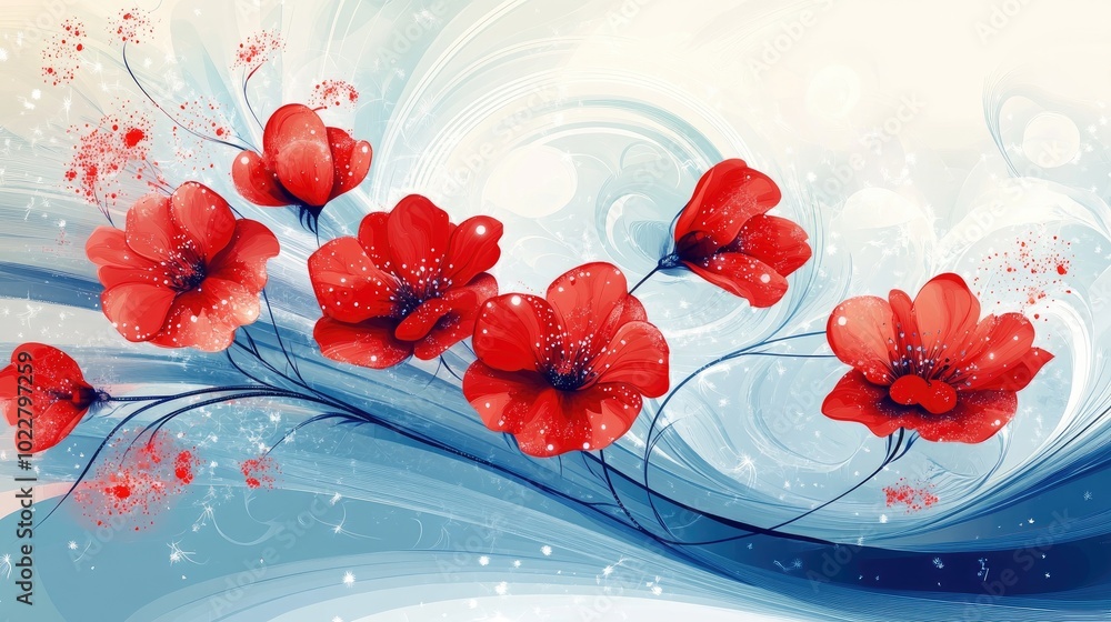 Aufkleber abstract illustration of vibrant red fantasy flowers set against a blue and white backdrop featuring