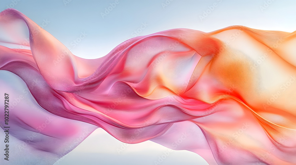 Poster a computer generated image of a wave of pink and orange fabric on a blue and white background with a