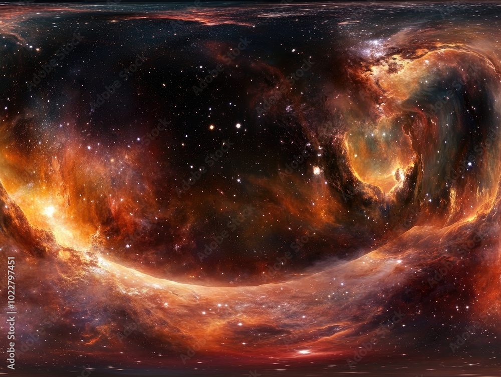 Poster 360 degree space nebula panorama with an equirectangular projection featuring an HDRI spherical background filled with stars and a vibrant nebula created in 3D