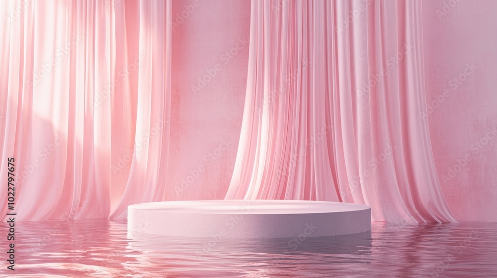 Aufkleber 3D render of an abstract platform podium on water with flowing curtains Realistic pastel mock up for product promotion Modern minimal background featuring an empty podium