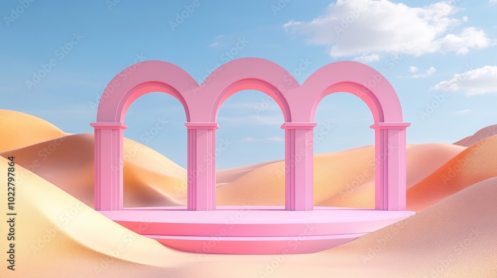 Poster 3d render of an abstract surreal pastel landscape featuring arches and a podium for product display 