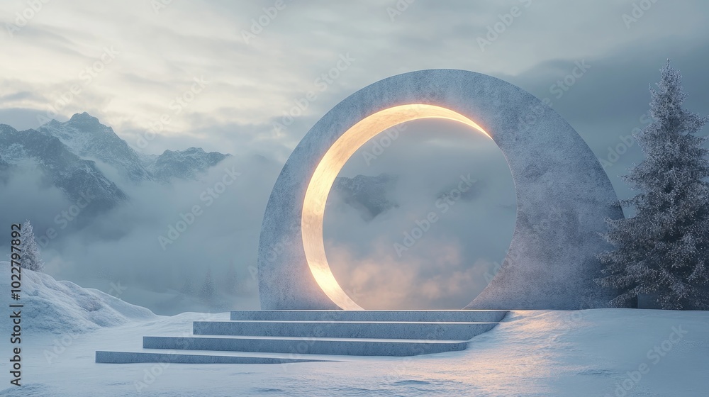 Poster Abstract winter landscape featuring geometric shapes an arch with a pedestal illuminated by natural light and a minimal surreal backdrop 3D rendering