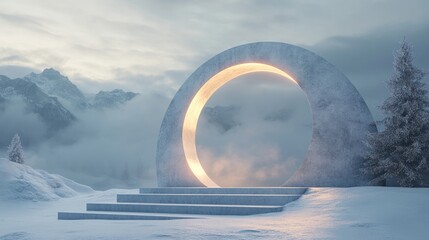 Abstract winter landscape featuring geometric shapes an arch with a pedestal illuminated by natural light and a minimal surreal backdrop 3D rendering