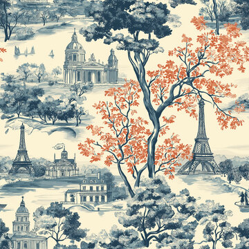 A Toile de Jouy seamless pattern with majestic mountain landscapes and serene alpine villages