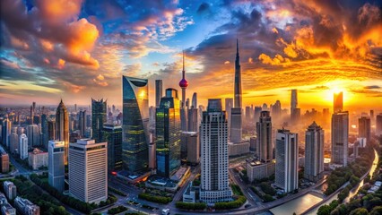 Fototapeta premium Stunning panoramic view of a futuristic city skyline at sunset with vibrant colors and reflections