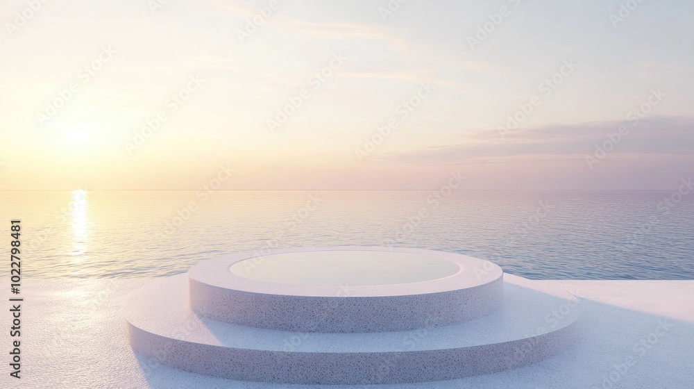 Aufkleber 3D render of a podium setting overlooking a pool by the sea