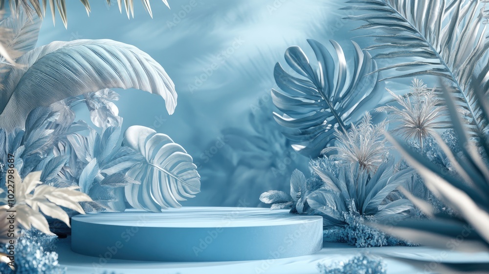 Poster 3d rendering of an abstract podium display featuring tropical leaves and a blue pastel plant scene c