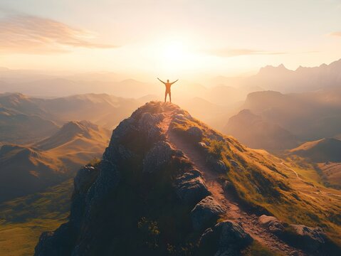 a lone figure standing victoriously on a mountain peak, arms raised toward the golden rays of a rising sun. 