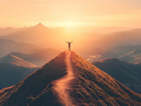 a lone figure standing victoriously on a mountain peak, arms raised toward the golden rays of a rising sun. 