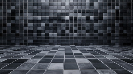 Black ceramic wall chequered and floor tiles mosaic background in bathroom, kitchen. Design pattern geometric with grid wallpaper texture decoration pool. Simple seamless abstract surface clean.