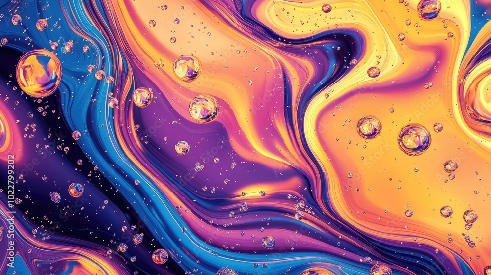 Poster abstract 3d render of iridescent neon painted chaotic liquid with bubbles modern wallpaper design be