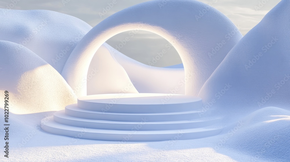 Aufkleber Abstract winter composition featuring geometric shapes an arch and a podium illuminated by natural light Minimal and surreal backdrop 3D rendering