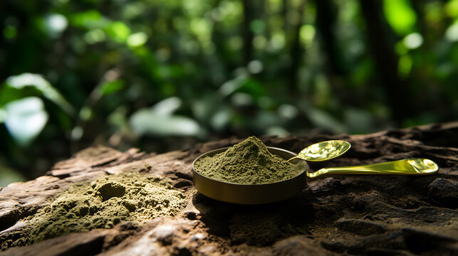 kratom product photo package in nature, next to is kratom powder, kratom trees behind, no the wood, with gold spoon laying