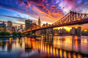 Naklejka premium Stunning Queensboro Bridge at Sunset Over East River with City Skyline in the Background