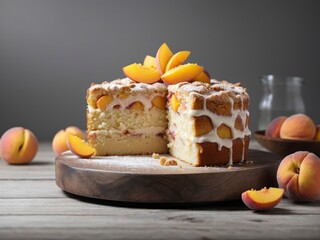 Homemade peach cake on wooden table in grey background. Peach cake on rustic wood in neutral backdrop