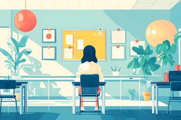 Solitary student lost in thought in a tranquil  well appointed classroom setting with minimalist