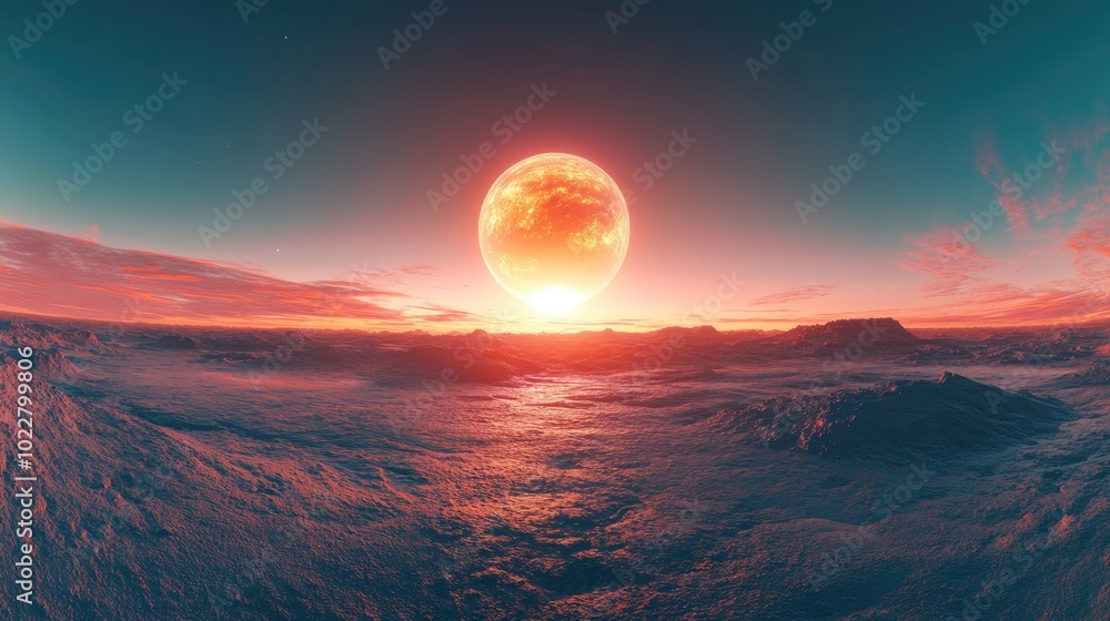 Aufkleber 360 HDRI panorama of a sunset on a distant planet Unique landscape environment map Equirectangular projection spherical panorama 3D illustration