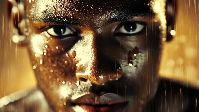 A man's face is covered in raindrops, his intense gaze focused on something out of frame
