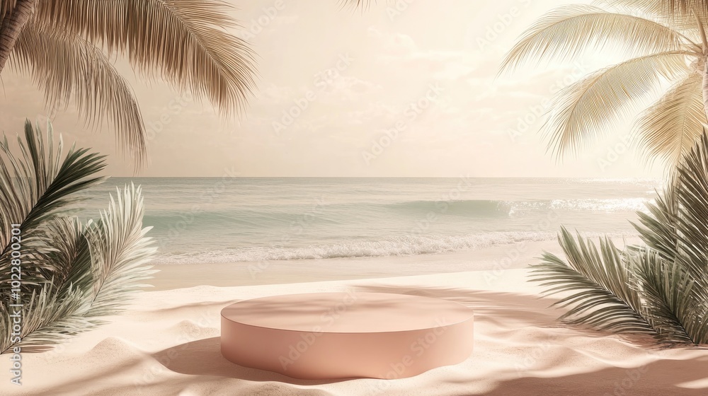 Aufkleber 3D rendering of a minimal summer backdrop featuring an empty podium or pedestal for product display creating a cosmetic mockup scene with beach themed swim elements