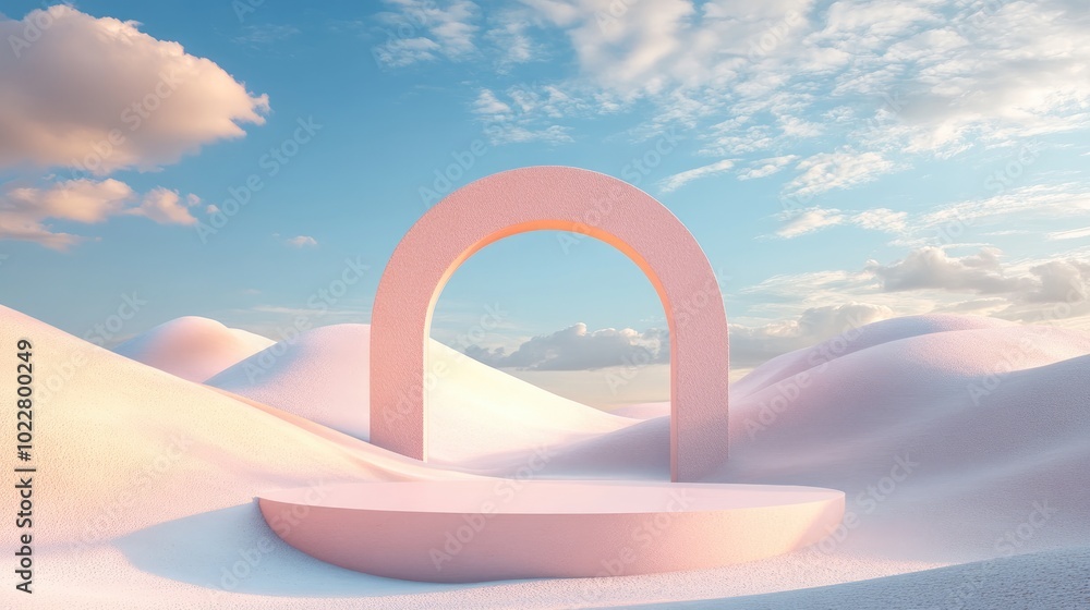 Aufkleber 3D render of an abstract surreal pastel landscape featuring arches and a podium for product display panoramic perspective vibrant dune scene with ample copy space blue sky with clouds minimalist d