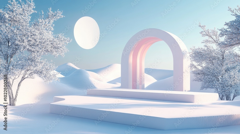 Poster Abstract winter landscape featuring geometric shapes an arch with a pedestal illuminated by natural light and a minimal surreal backdrop 3D rendering