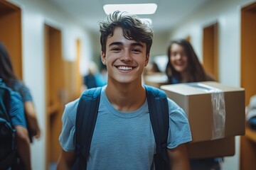 Excited Freshman Student Moving Into College Dorm with Supportive Friends on First Day