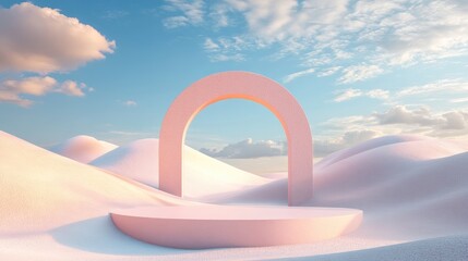 3D render of an abstract surreal pastel landscape featuring arches and a podium for product display panoramic perspective vibrant dune scene with ample copy space blue sky with clouds minimalist d