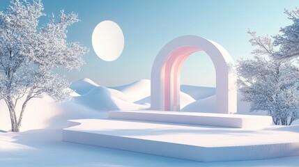 Abstract winter landscape featuring geometric shapes an arch with a pedestal illuminated by natural light and a minimal surreal backdrop 3D rendering