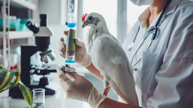 A woman in a white lab coat is holding a white bird in her hands