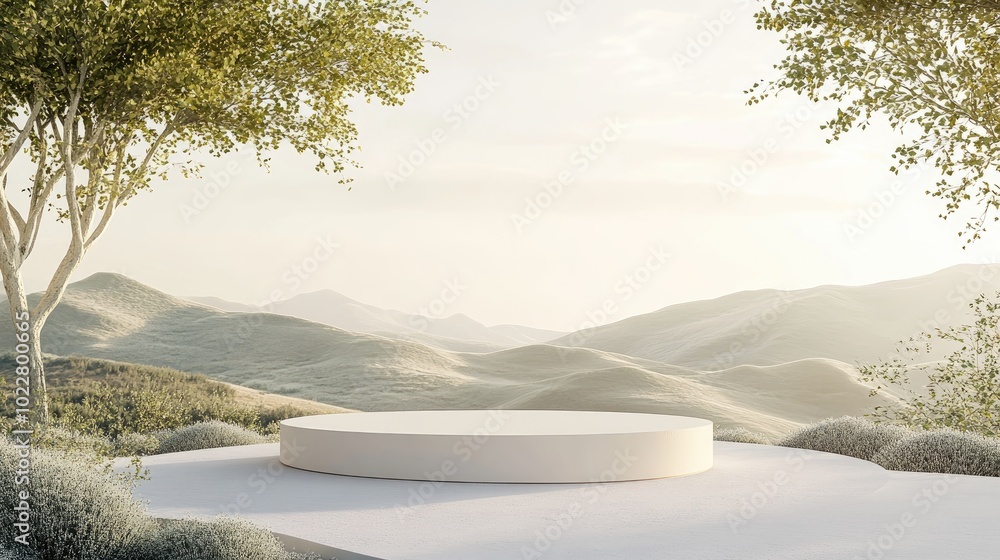 Poster 3D rendering template featuring a minimal podium set against a landscape with beige and cream hues