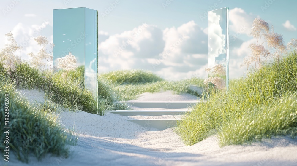 Poster 3D rendering of a surreal landscape featuring vibrant grass and sandy terrain with a podium and abstract glass shapes in the background creating a futuristic fantasy scene