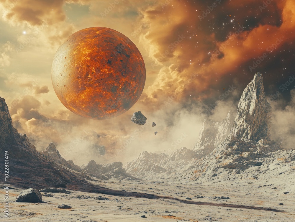Poster Alien fantasy landscape featuring a space backdrop with rocky craters an orange planet a cloudy sky and a falling comet created in 3D render